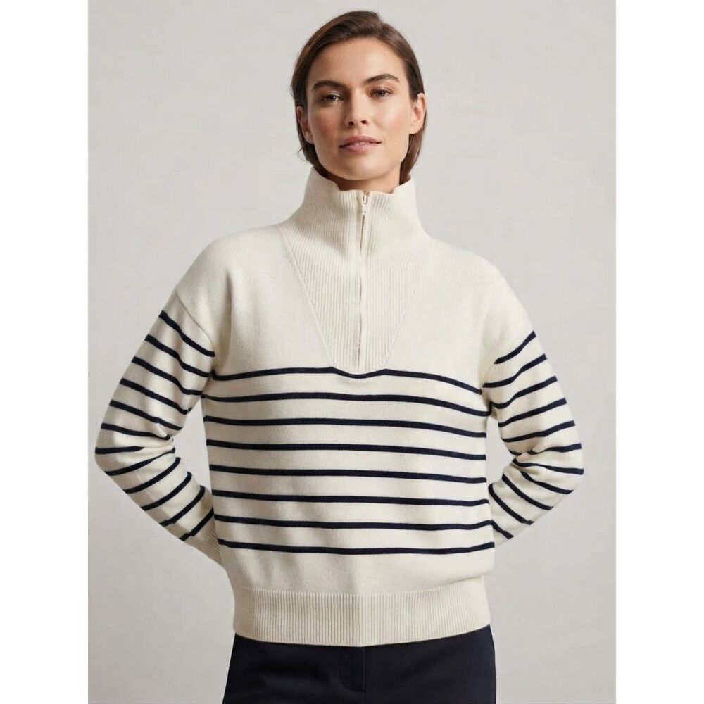 Emma & Ashley Design Sweater  Mock Neck Cream Black Striped Women M